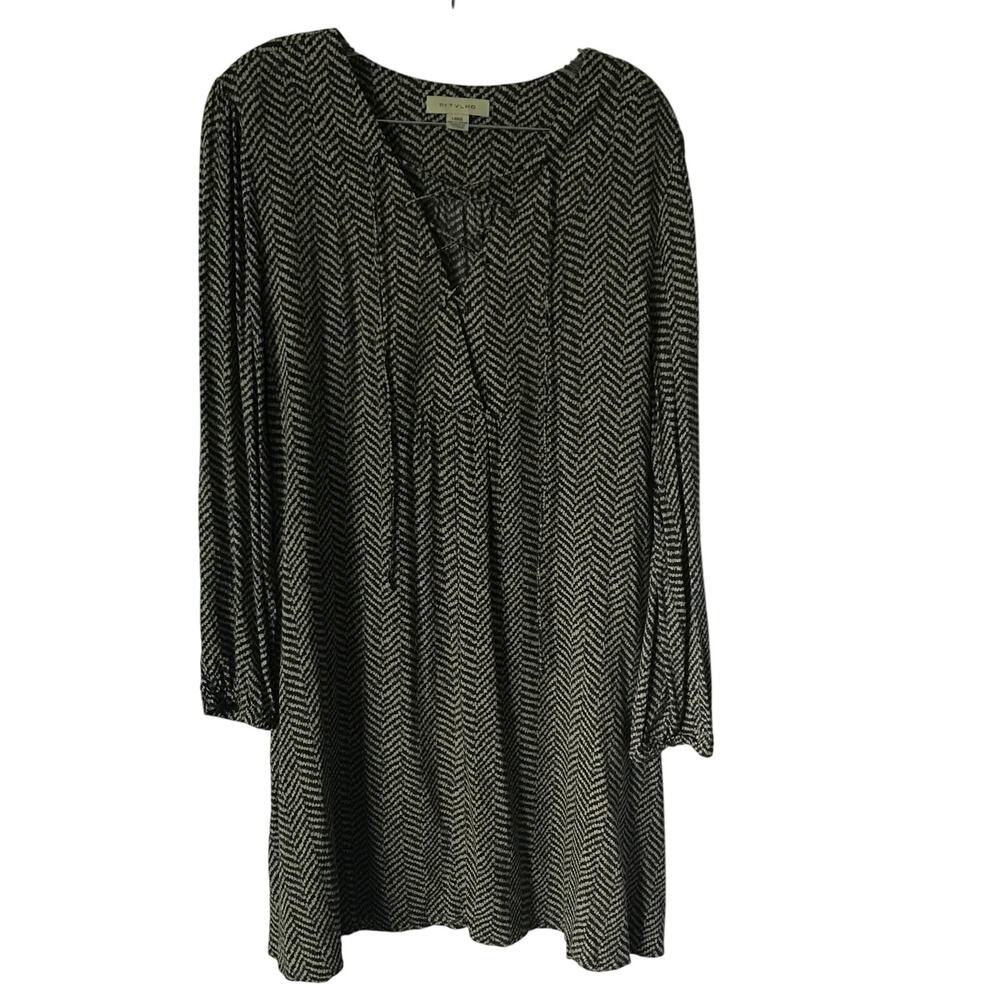 11 1 TYLHO Dress Large Womens Tunic Long Sleeve Blue Ivory Zig Zag Pullover L